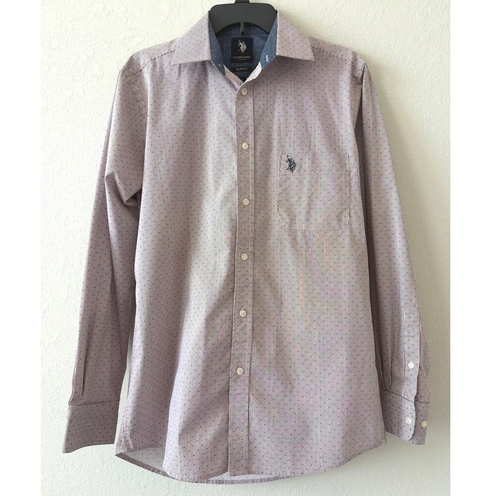 U.S. POLO ASSN. Slim Fit Pink Pinstriped Dotted Shirt Men’s Medium 15-15.5 34/35